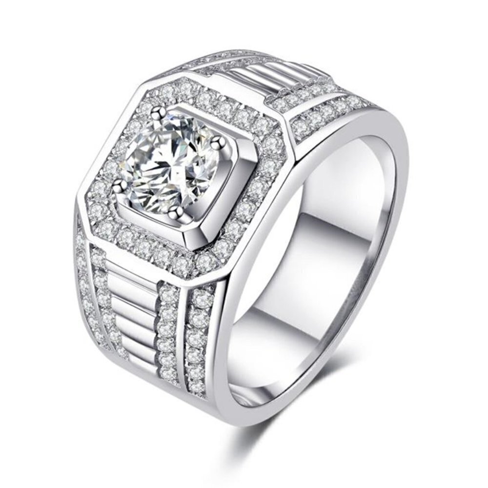 💎Fever Square Glitter Zircon Silver Chunky Wedding Rings for Man, PD663